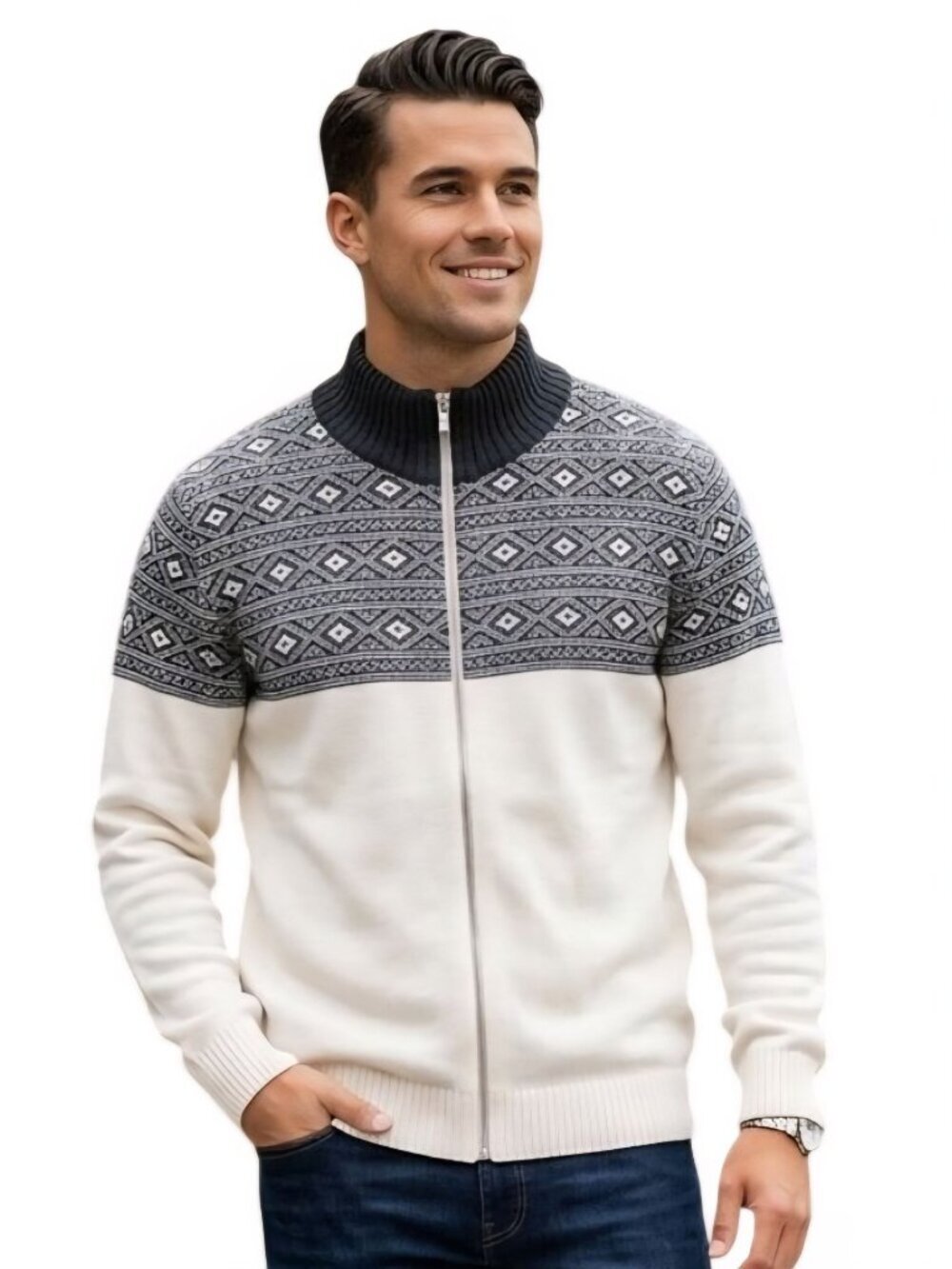 Scappino Made In Portugal Wool Blend Fairisle Nordic Full Zip Sweater Size 38